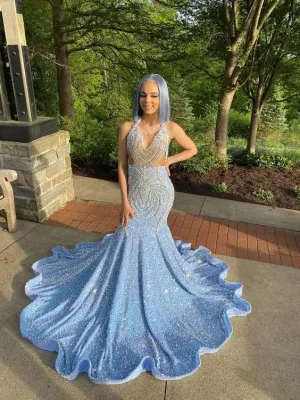 18 birthday outfit evening dress custom made black girl mermaid blue prom gowns  Y887