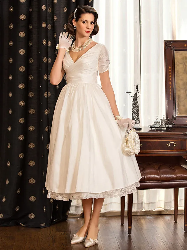 1950s Vintage Short A-Line V Neck Wedding Dresses with Sleeves