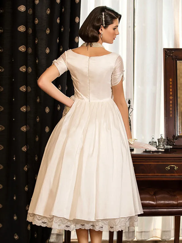 1950s Vintage Short A-Line V Neck Wedding Dresses with Sleeves