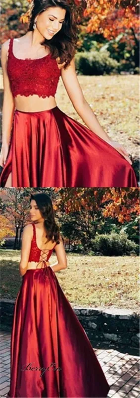 2 Pieces Red Lace Soft Satin Prom Dresses, Long Prom Dresses