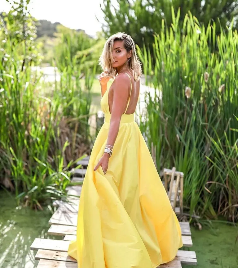 2019 V-Neck Satin Long Prom Dress, A-line Prom Dress, Prom Dress