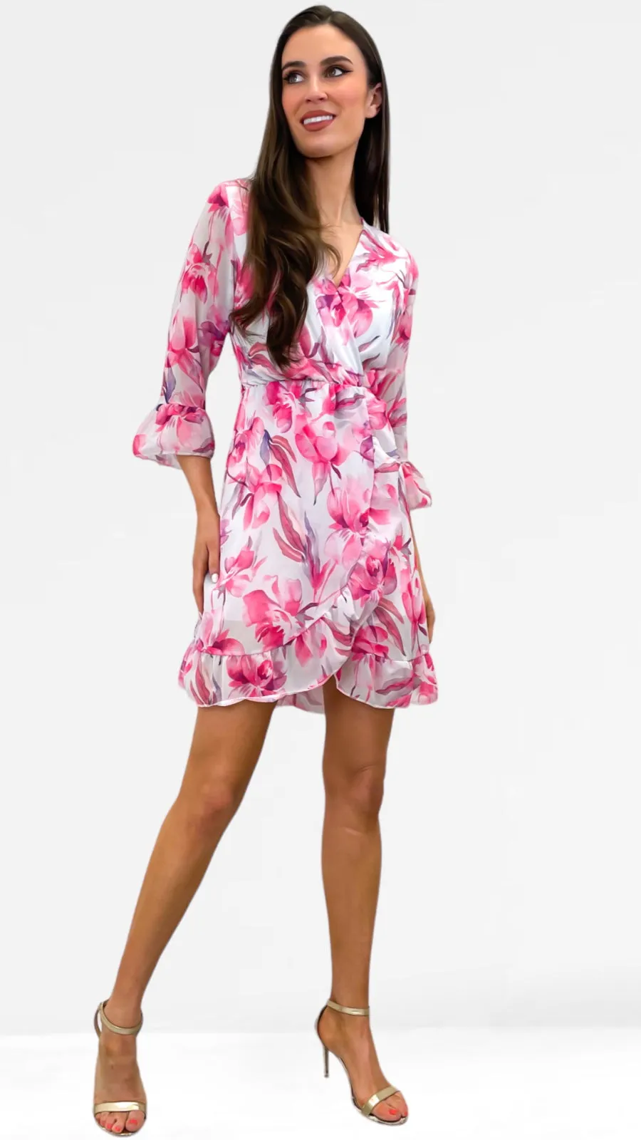 4-A0825 Pink Floral Flounce Dress