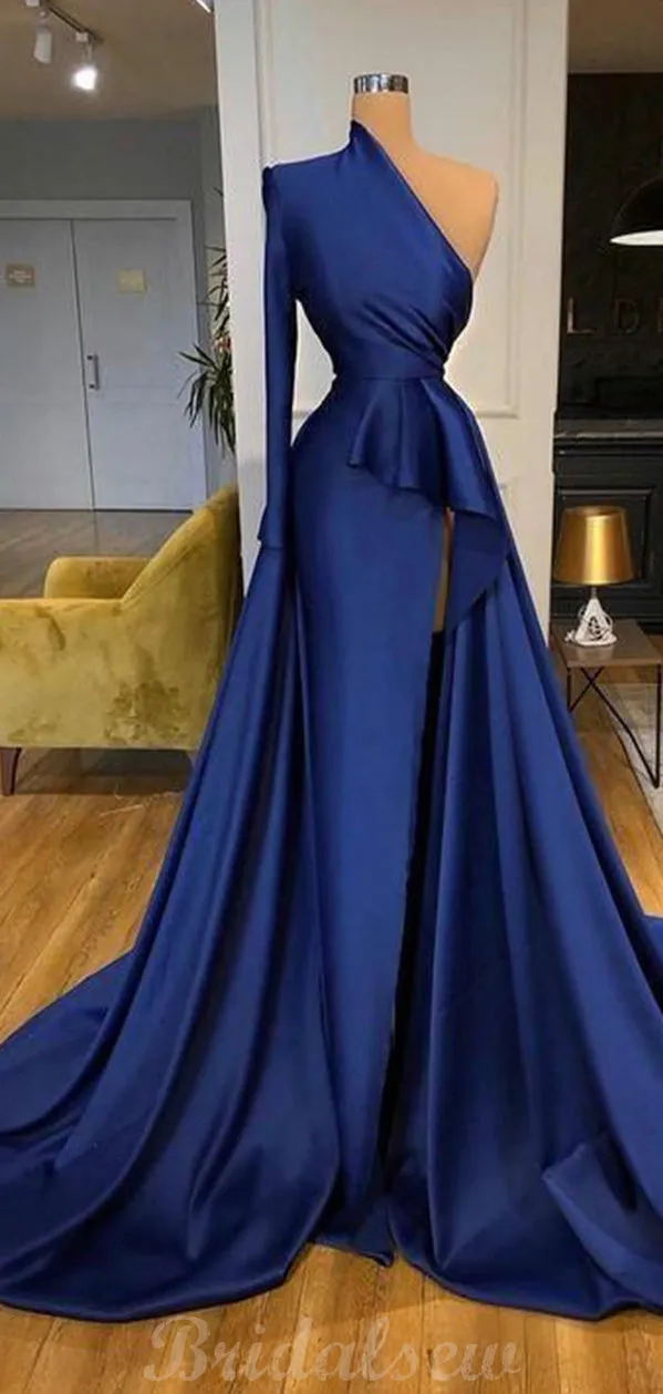 A-line Blue One Shoulder Simple Unique Prom Dresses, Evening Dress PD095