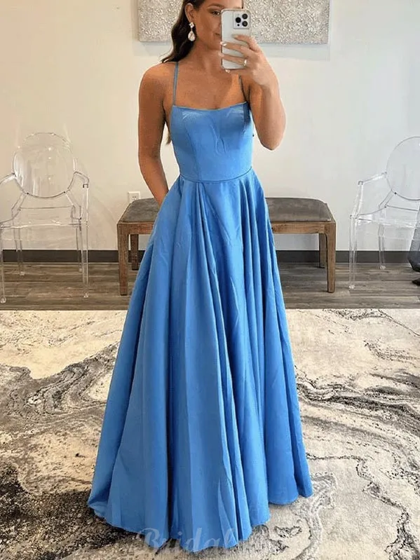 A-line Blue Spaghetti Straps Party Formal Long Prom Dresses, Evening Dress PD436