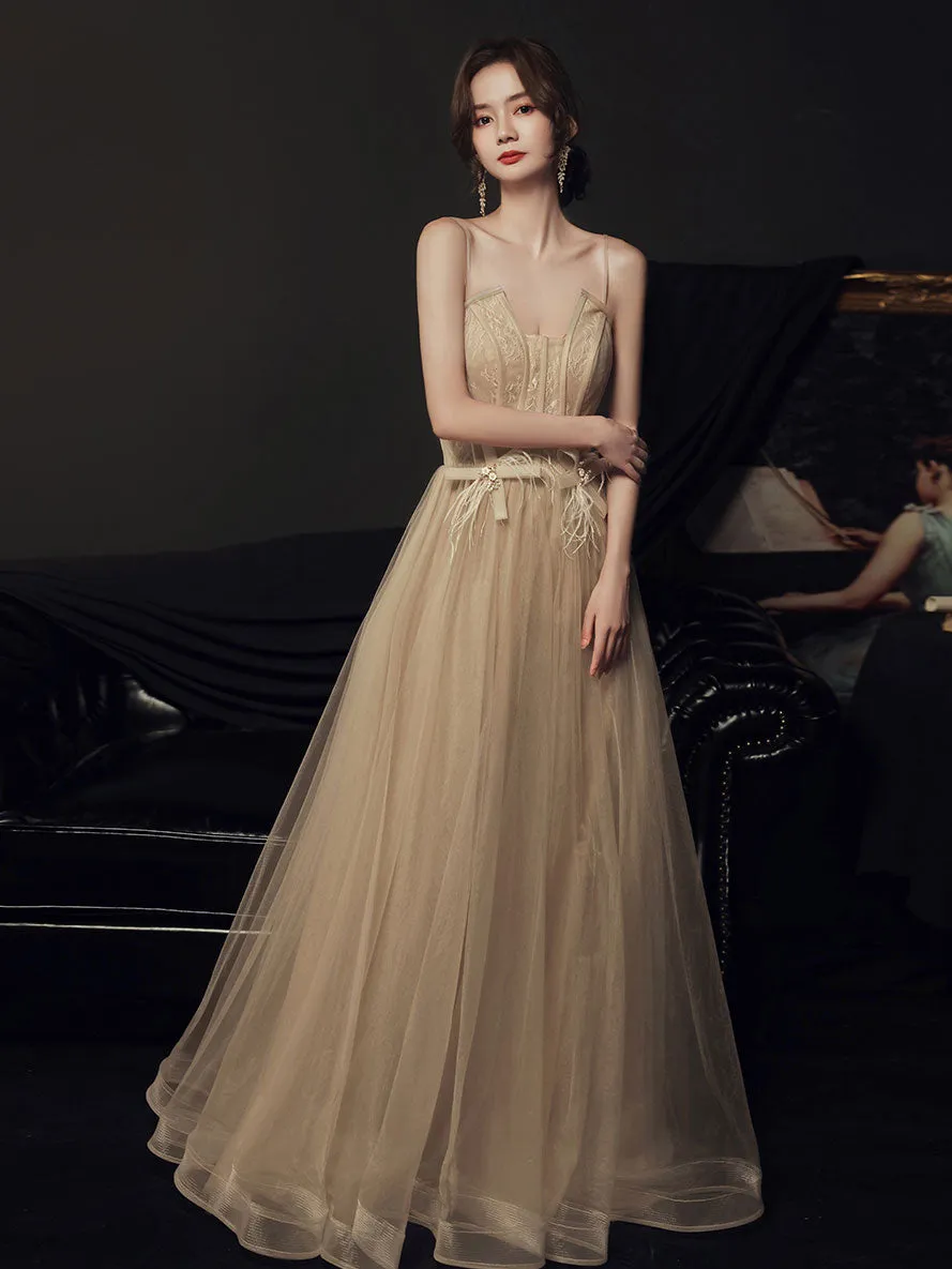 A line champagne long prom dress lace long formal dress