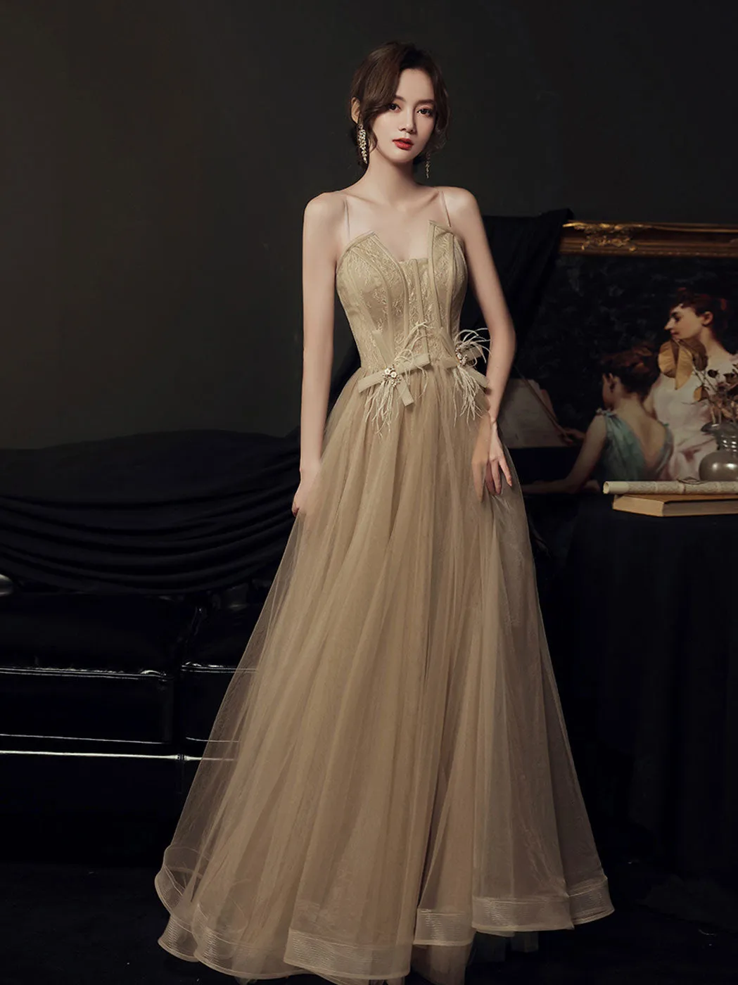 A line champagne long prom dress lace long formal dress