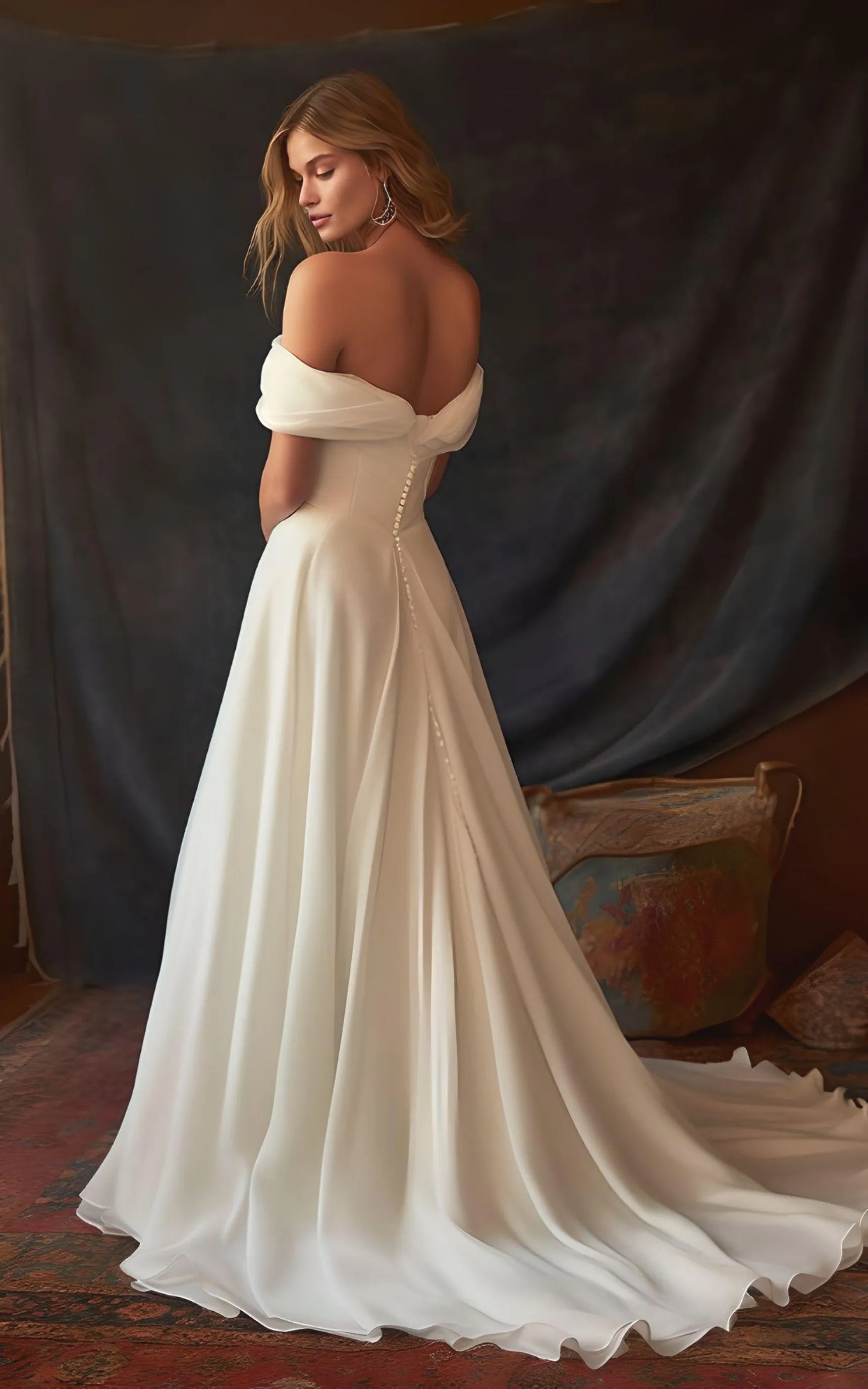 A-Line Chiffon Sleeveless Wedding Dress with Ruching 2023 Off-the-shoulder Country Garden Sweep Train Elegant Simple-MW_760046