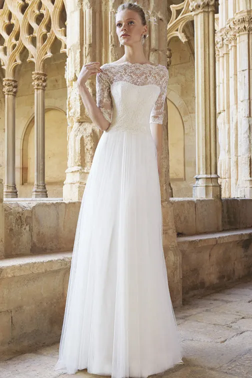 A-Line Floor-Length Half Sleeve Lace Bateau Neck Tulle Wedding Dress-MK_700276