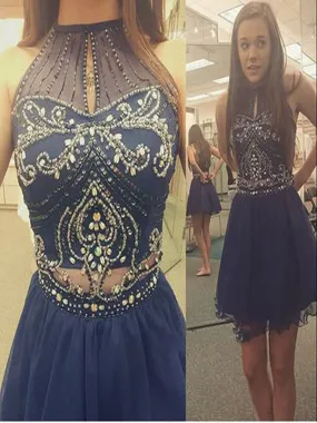 A Line High Neck Short Blue Prom Dress, Short Graduation Dress, Short Homecoming Dress