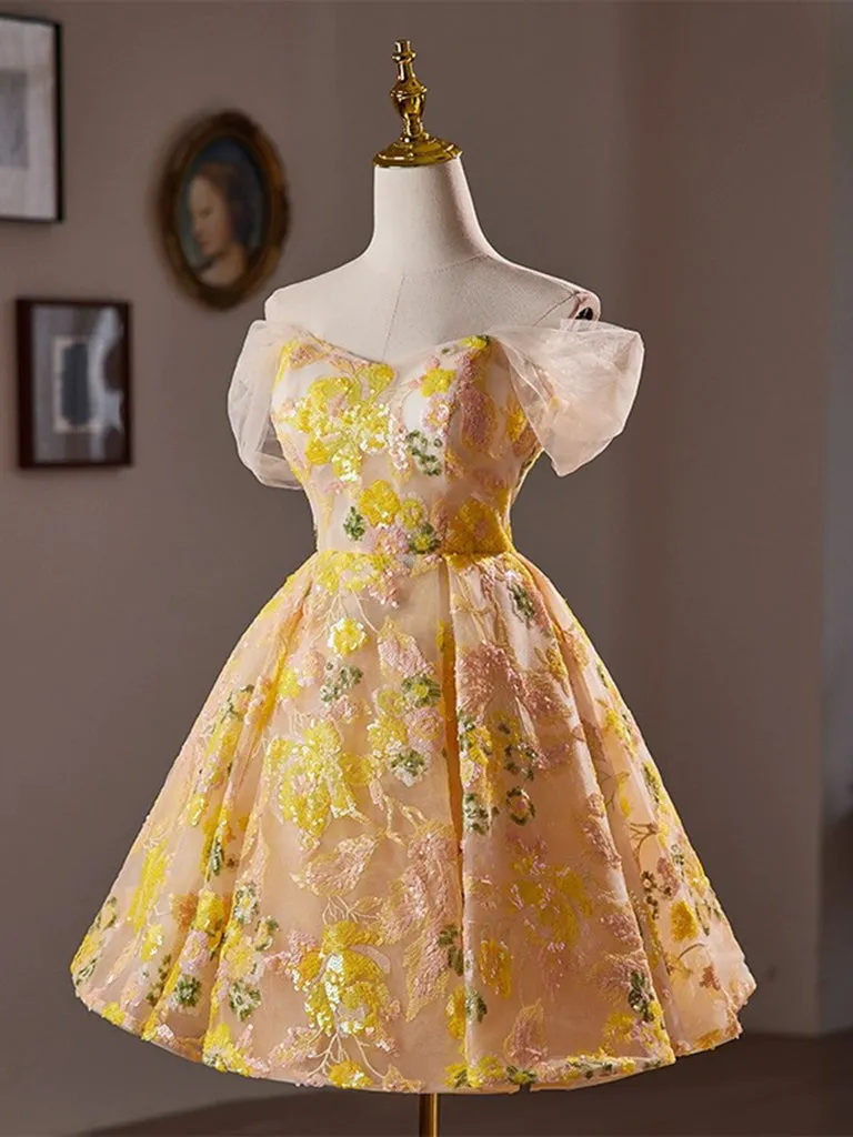 A-Line Off Shoulder Lace Yellow Short Prom Dress, Yellow Homecoming Dress