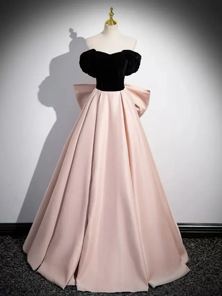 A-Line Off Shoulder Satin Champagne Long Prom Dress, Champagne Long Evening Dress