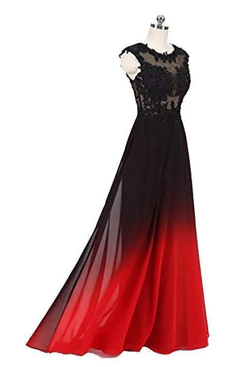 A Line Ombre Lace Appliques Prom Dresses Long Cheap Evening Dresses