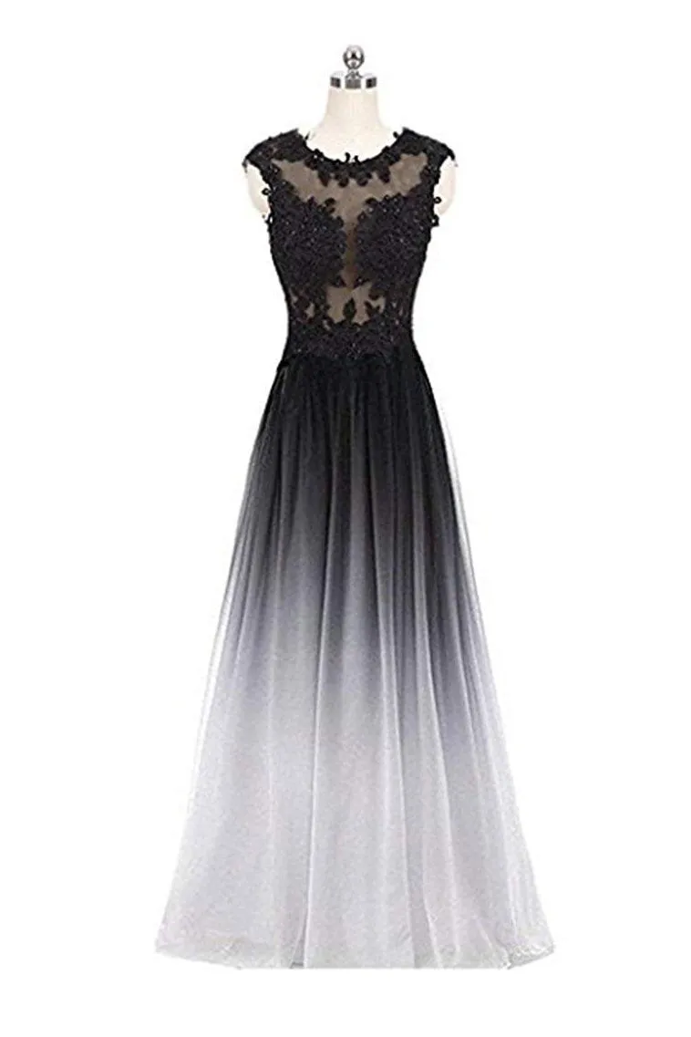 A Line Ombre Lace Appliques Prom Dresses Long Cheap Evening Dresses