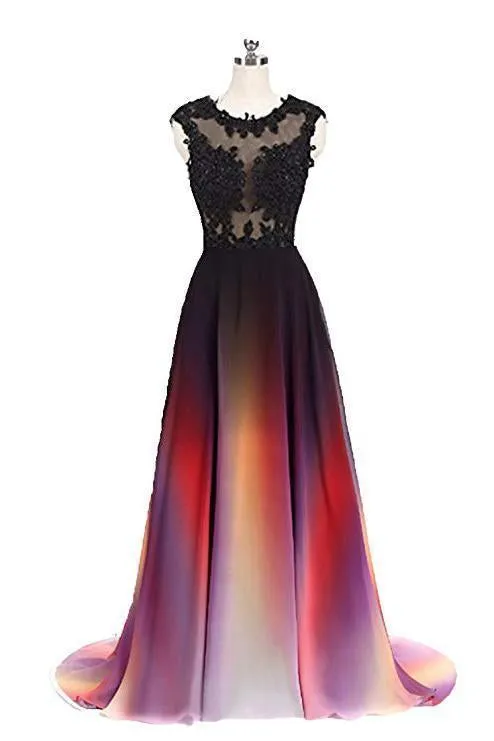 A Line Ombre Lace Appliques Prom Dresses Long Cheap Evening Dresses