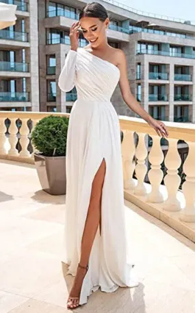 A-Line One-shoulder Satin Wedding Dress Simple Elegant Adorable Beach Summer With Open Back And Long Sleeves And Ruching-716778