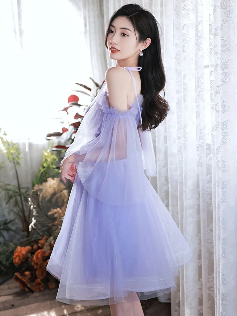 A-Line Purple V Neck Tulle Short Prom Dress, Purple Homecoming Dress