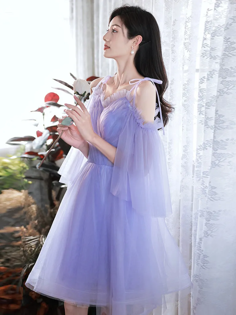 A-Line Purple V Neck Tulle Short Prom Dress, Purple Homecoming Dress