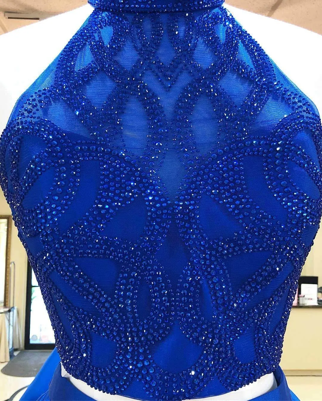 A Line Royal Blue Two Pieces Open Back Beaded Short Prom Dresses Homecoming Dresses