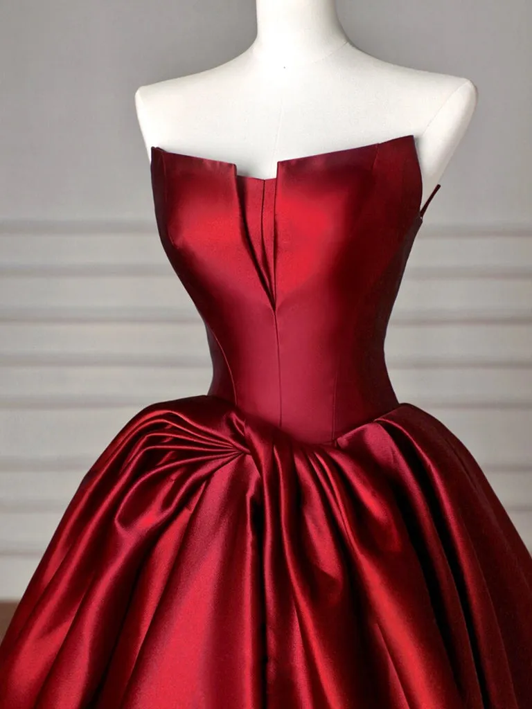 A-Line Satin Burgundy Long Prom Dress, Burgundy Long Evening Dress