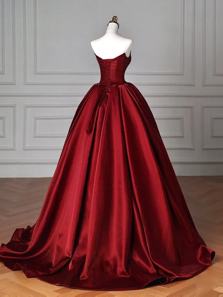 A-Line Satin Burgundy Long Prom Dress, Burgundy Long Evening Dress