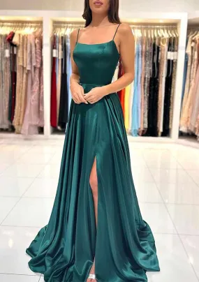 A-line Square Neckline Spaghetti Straps Backless Long Prom Dress with Split