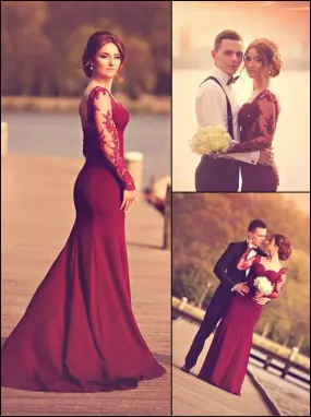 A-Line Sweetheart Long Sleeve Burgundy Prom Dress With Lace Appliques