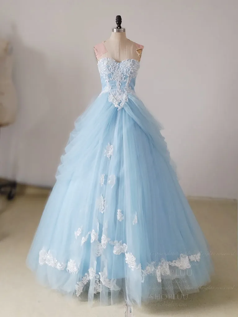 A-Line Sweetheart Neck Lace Blue Long Prom Dress, Blue Long Sweet 16 Dress