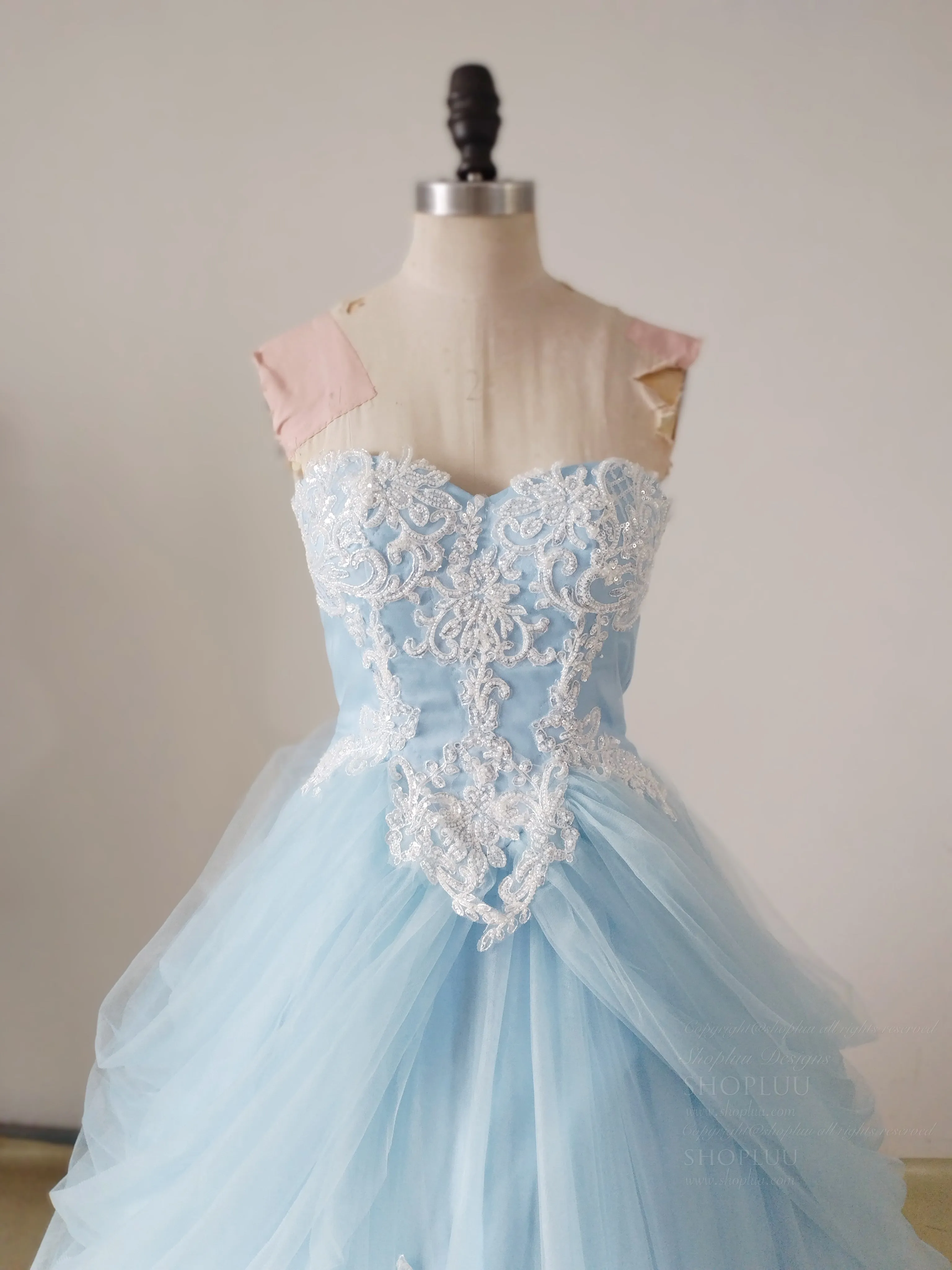 A-Line Sweetheart Neck Lace Blue Long Prom Dress, Blue Long Sweet 16 Dress