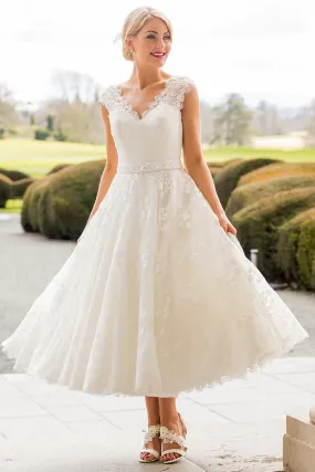 A-Line Tea-Length Appliqued Scalloped Cap Sleeve Lace Wedding Dress - MK_705863