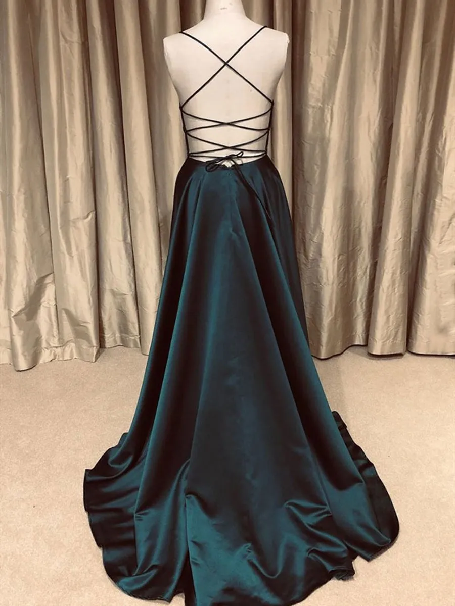 A Line V Neck Backless Dark Green Long Prom Dresses, Simple V Neck Dark Green Formal Dresses, Dark Green Evening Dresses