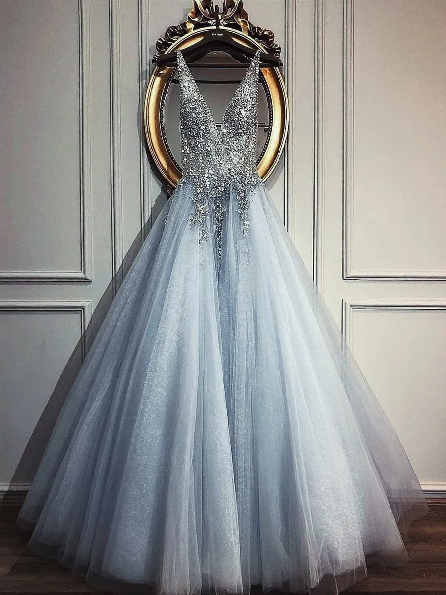 A Line V Neck Beaded Sequins Blue Tulle Long Prom Dresses, Blue Formal Dresses, V Neck Blue Evening Dresses