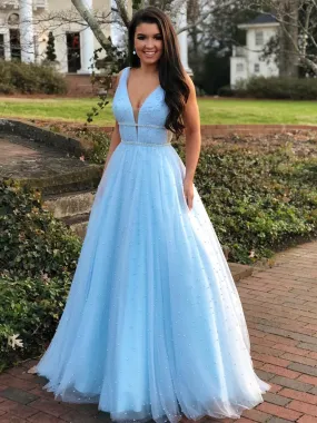 A Line V Neck Beading Light Blue Long Prom Dresses with Beaded Belt, Blue Formal Dresses, Evening Dresses