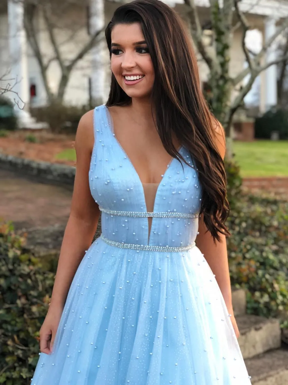 A Line V Neck Beading Light Blue Long Prom Dresses with Beaded Belt, Blue Formal Dresses, Evening Dresses