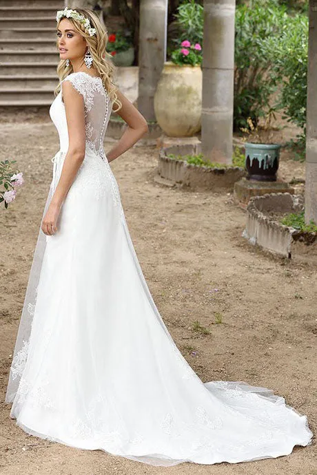 A-Line V-Neck Cap-Sleeve Lace Wedding Dress With Illusion - MK_702701