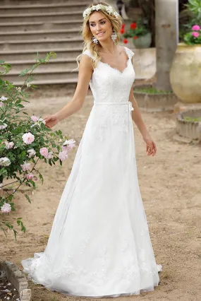 A-Line V-Neck Cap-Sleeve Lace Wedding Dress With Illusion - MK_702701