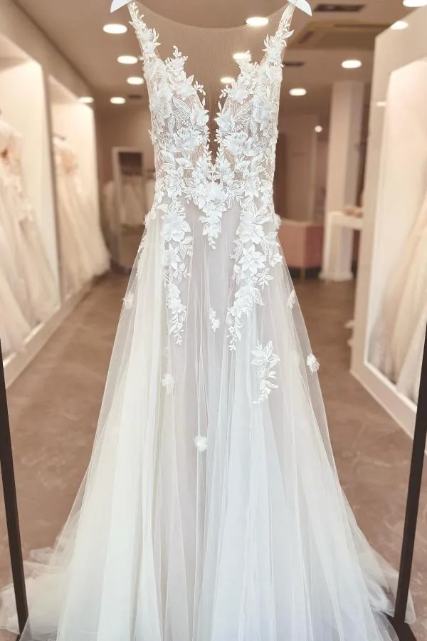 A-Line V-neck Chiffon Lace Open Back Long Wedding Dresses With Split