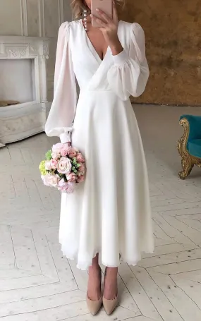 A-Line V-neck Chiffon Wedding Dress Simple Casual Western Romantic Beach With Zipper Back And Poet Long Sleeves-716751