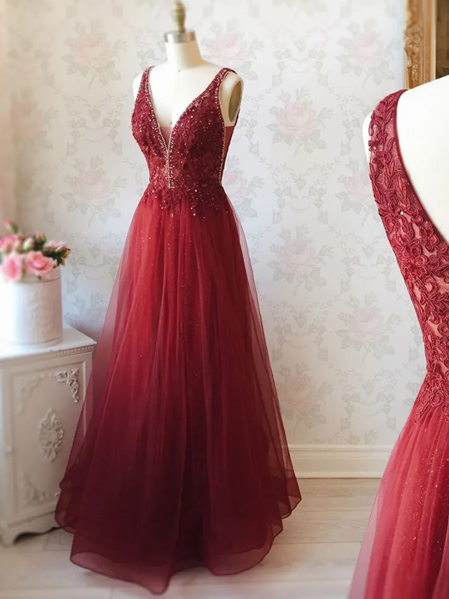 A Line V Neck Lace Burgundy Tulle Long Prom Dresses, V Neck Burgundy Lace Formal Dresses, Burgundy Lace Evening Dresses