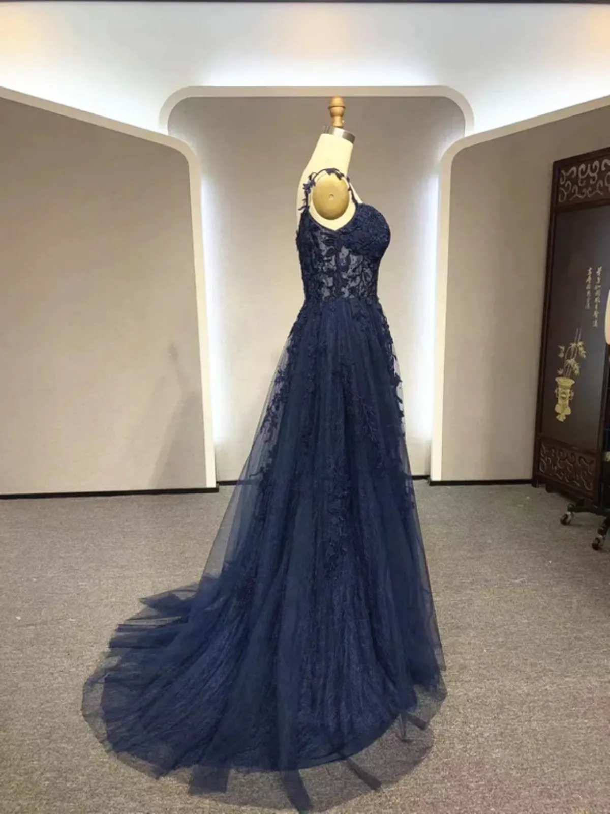 A Line V Neck Navy Blue Lace Long Prom Dresses, Navy Blue Lace Formal Dresses, Long Navy Blue Evening Dresses SP2908