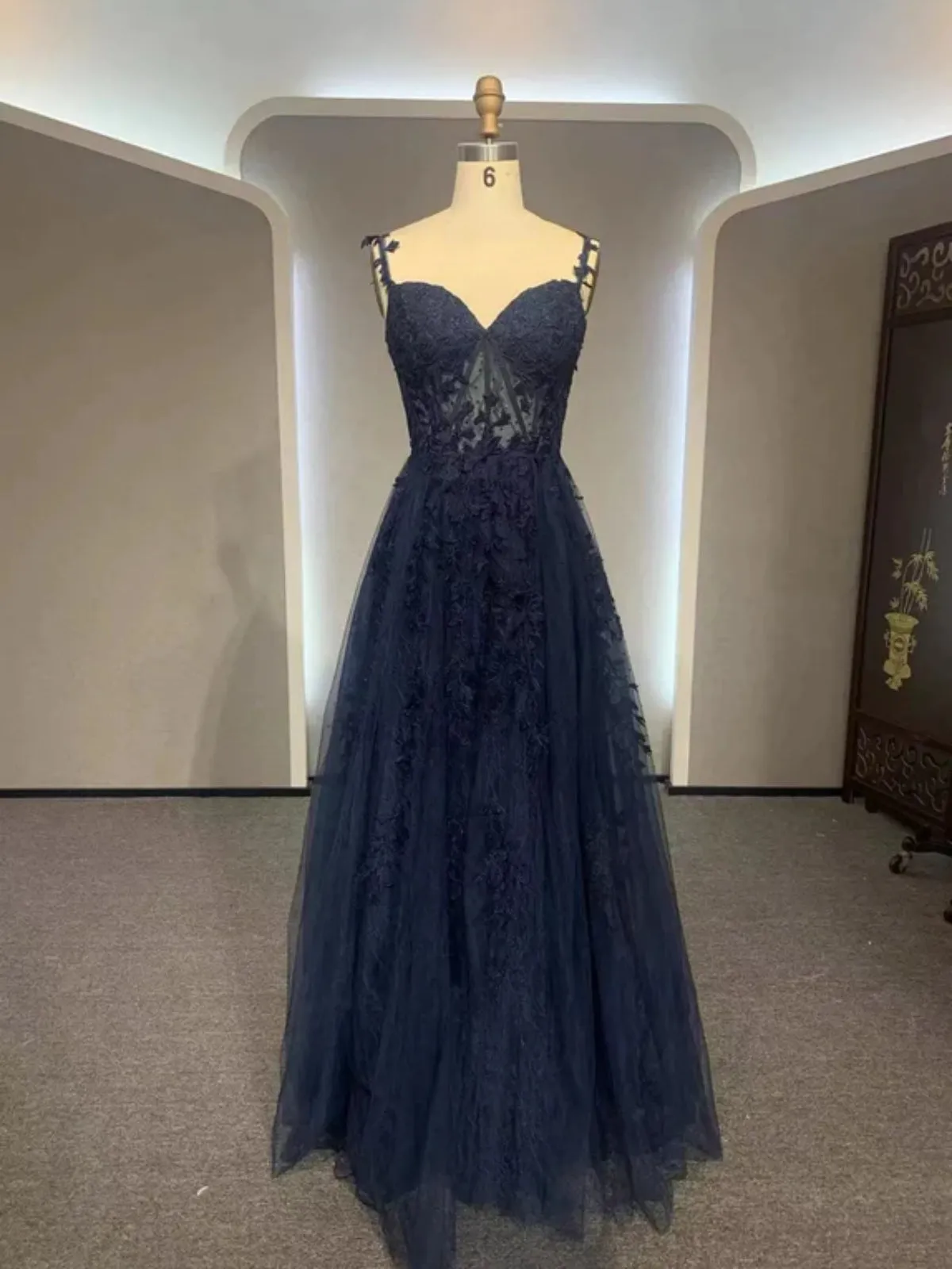 A Line V Neck Navy Blue Lace Long Prom Dresses, Navy Blue Lace Formal Dresses, Long Navy Blue Evening Dresses SP2908