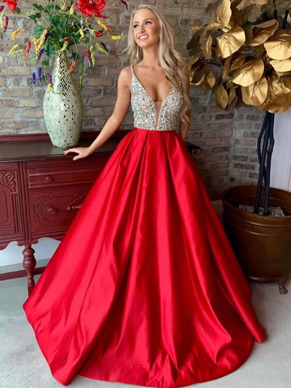 A-line V Neck Satin Beading Long Prom Dresses Red Formal Party Gowns