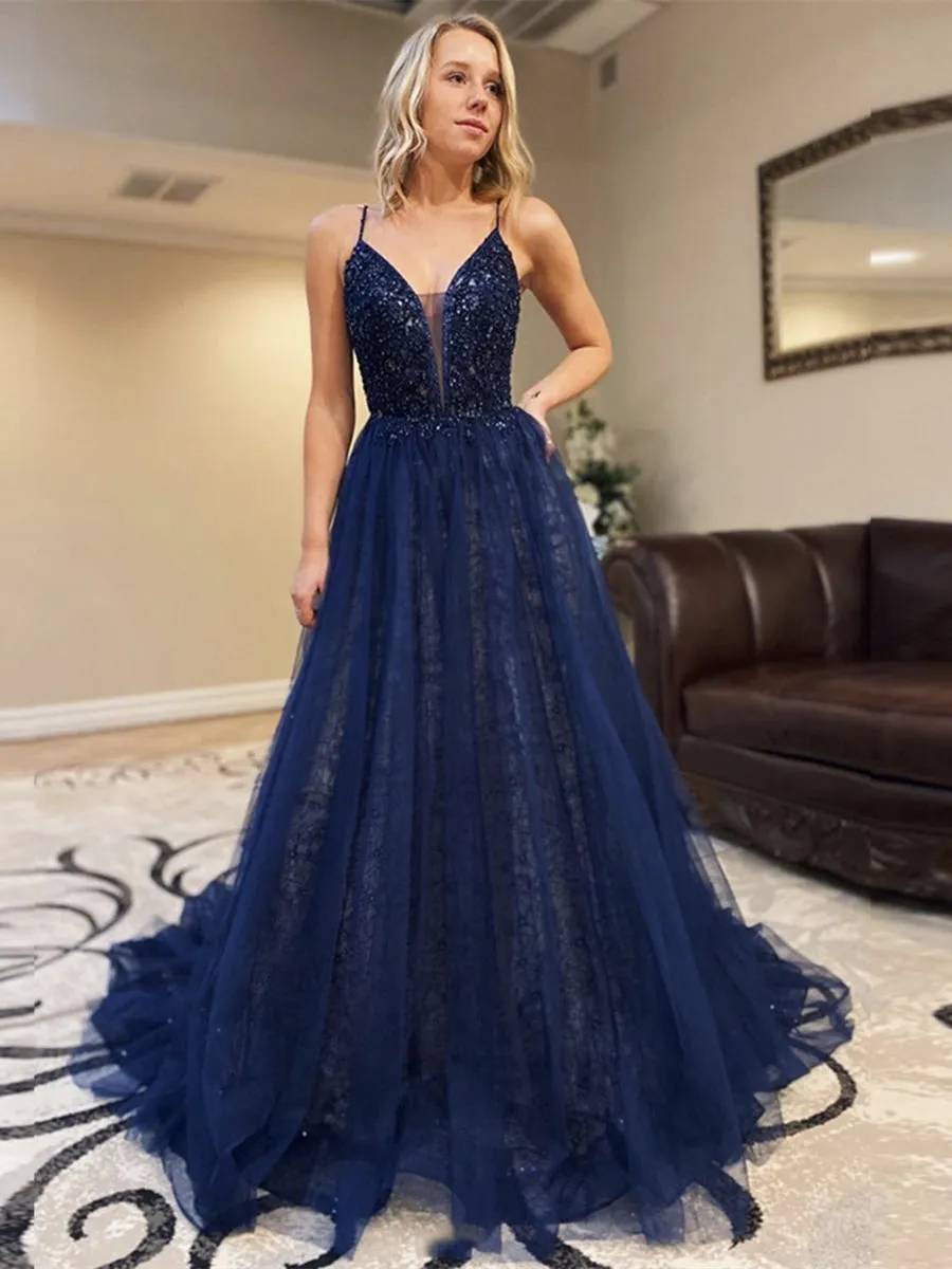 A-line V Neck Sequins Backless Tulle Long Prom Dresses Dark Navy Formal Evening Gowns