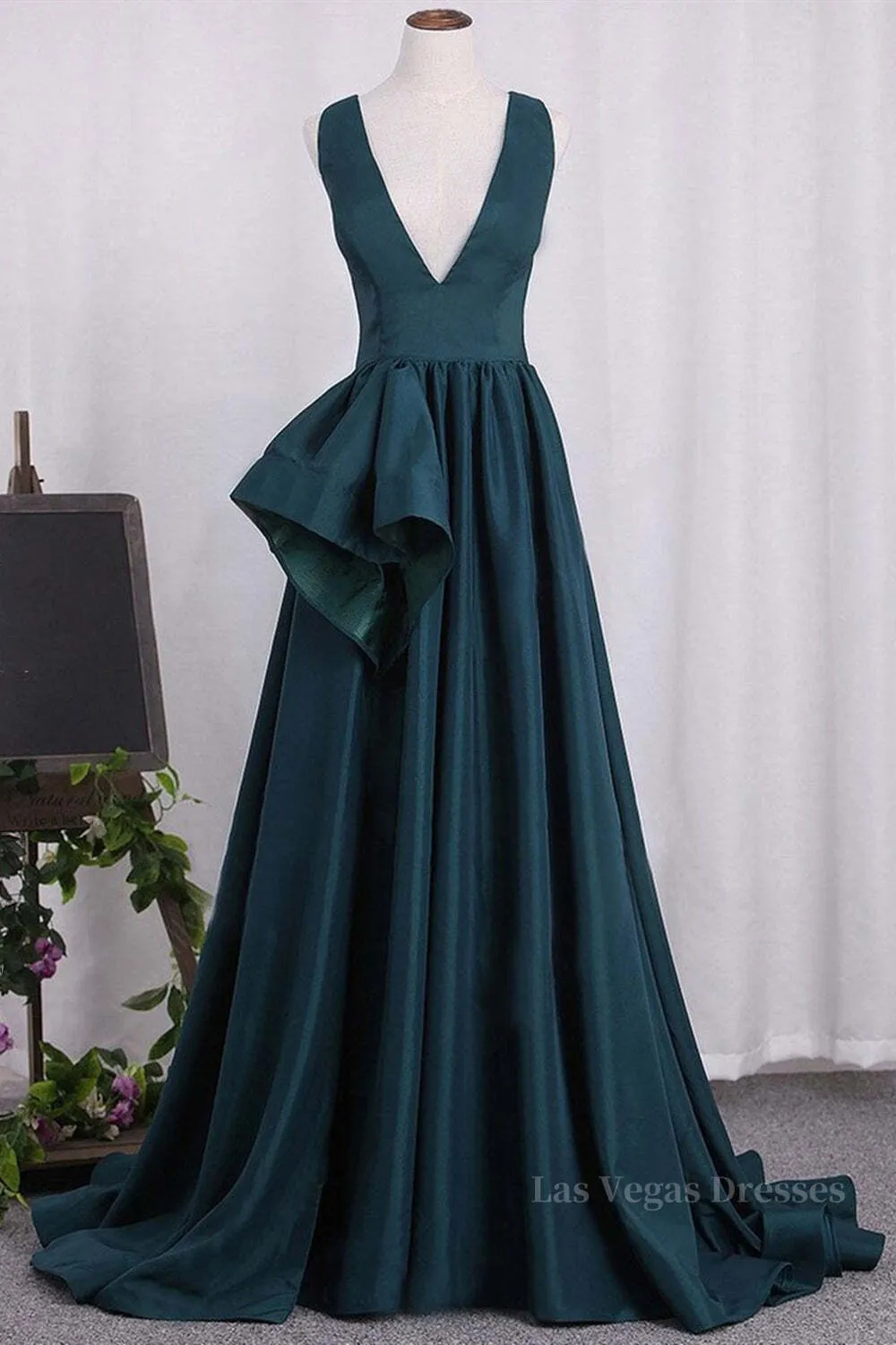 A Line V Neck V Back Green Satin Long Prom Dresses, Long Green Formal Evening Dresses