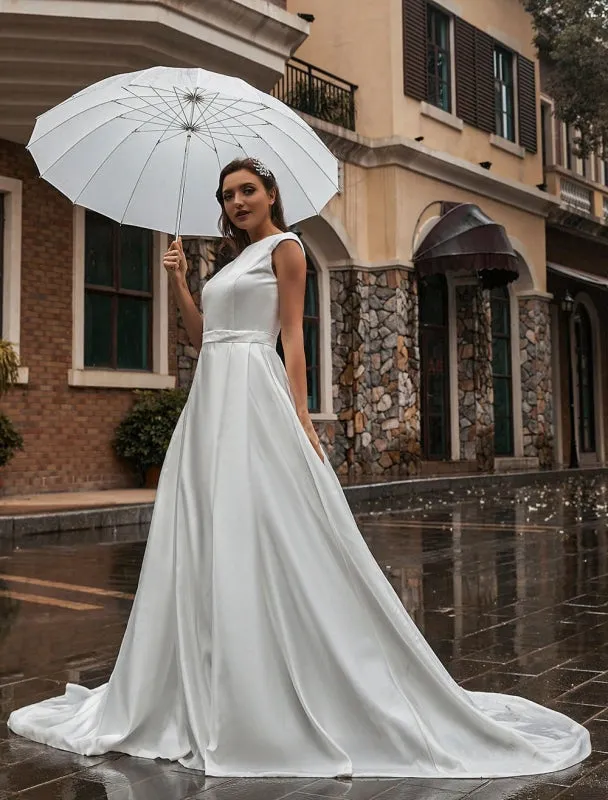 A-Line Wedding Dresses Court Train Sleeveless Sash Jewel Neck Bridal Gowns Exclusive