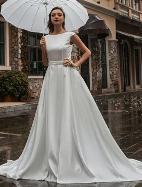 A-Line Wedding Dresses Court Train Sleeveless Sash Jewel Neck Bridal Gowns Exclusive