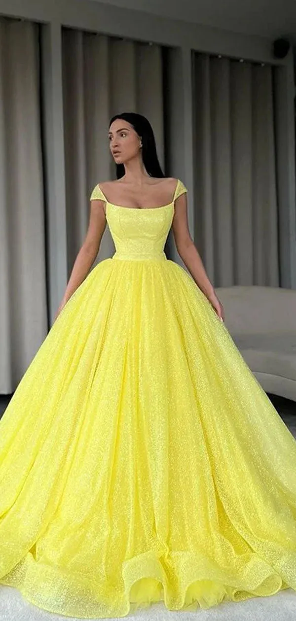 A-line Yellow Sequin Sparkly Modest Unique Elegant Long Evening Prom Dresses, Gorgeous Ball Gown PD1219