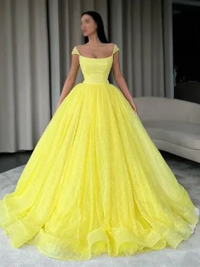 A-line Yellow Sequin Sparkly Modest Unique Elegant Long Evening Prom Dresses, Gorgeous Ball Gown PD1219