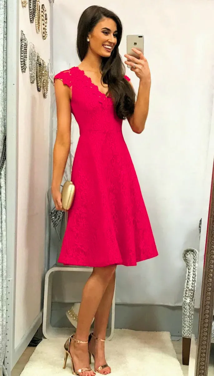 A1652 Karen Lace Brocade Flare Dress Fushia