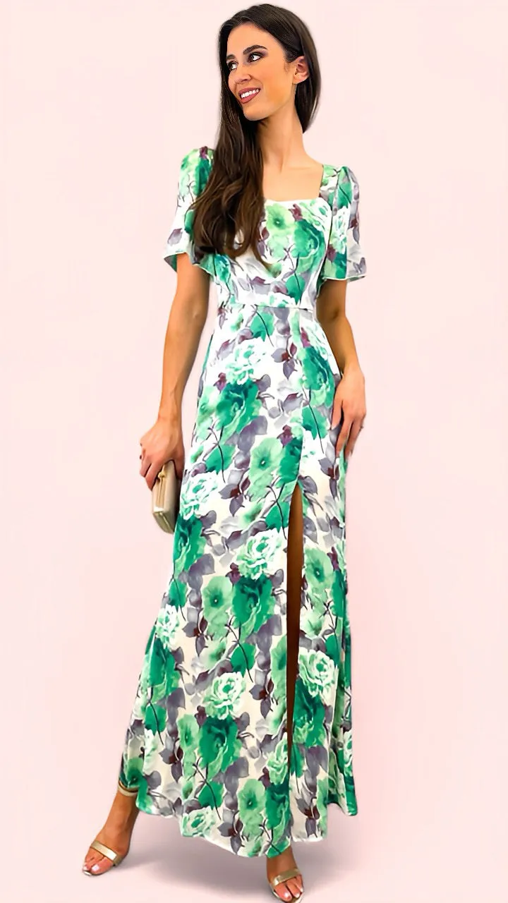 A1662 Green Floral Bank Midaxi Dress