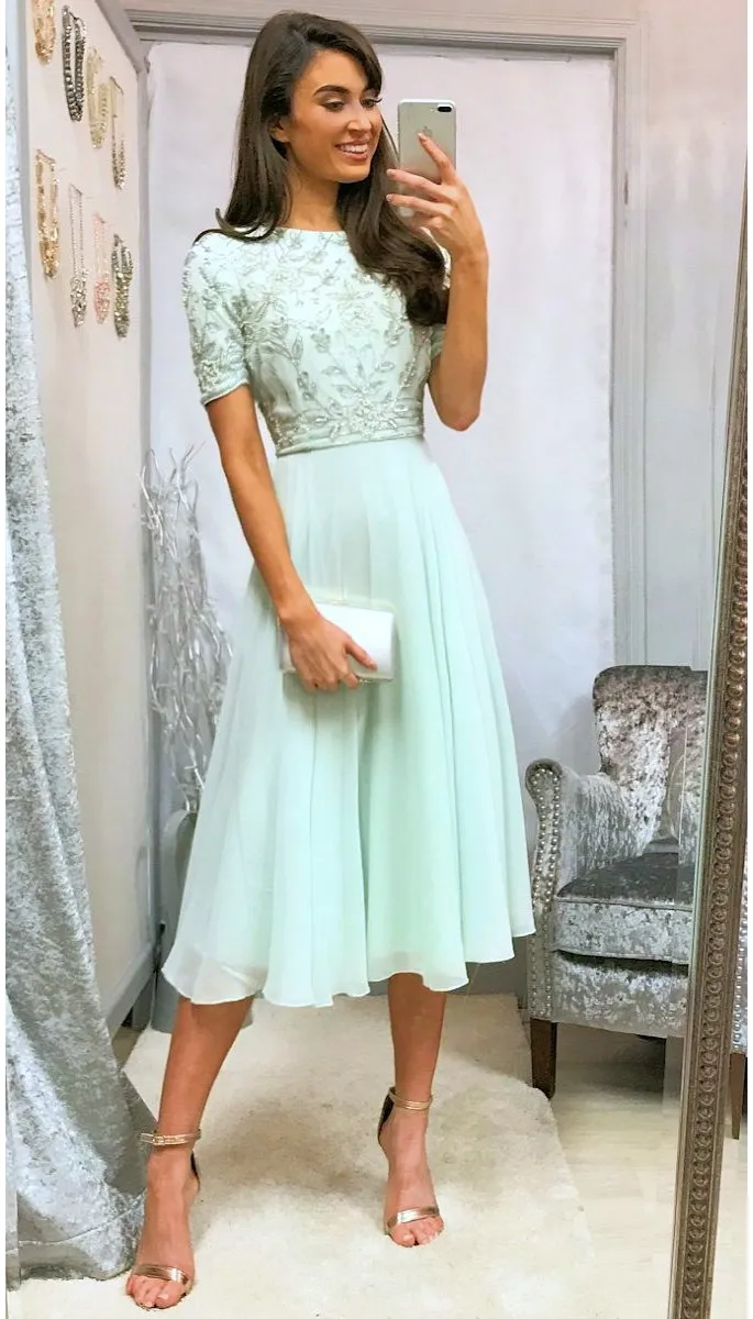 A1769GG Mint Embellished Flare Dress